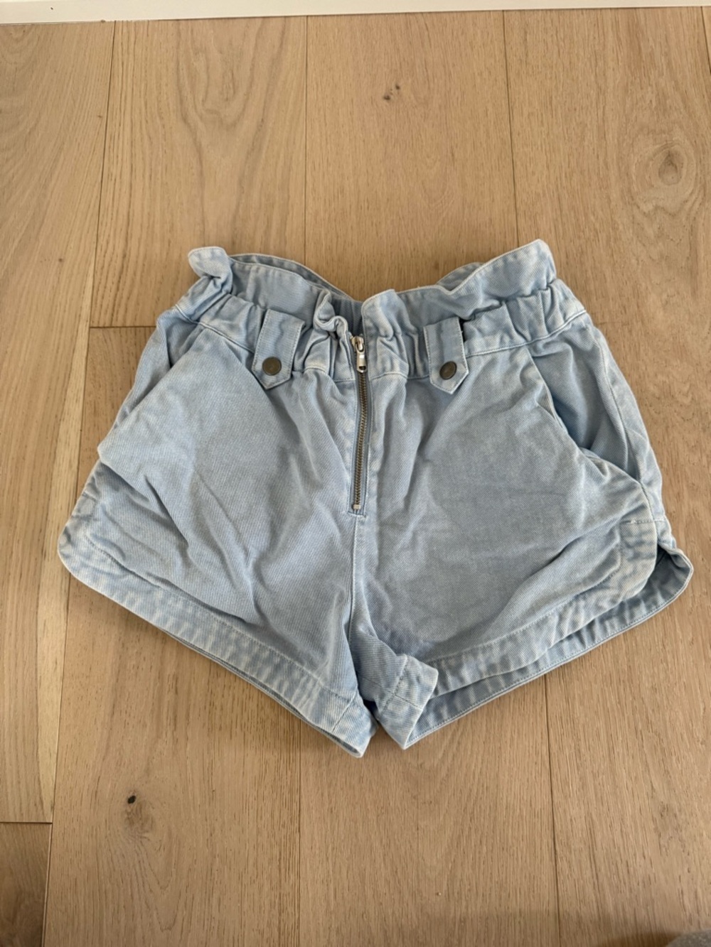 Sea New York Light Blue High-Waist Paperbag Shorts with Front Zip